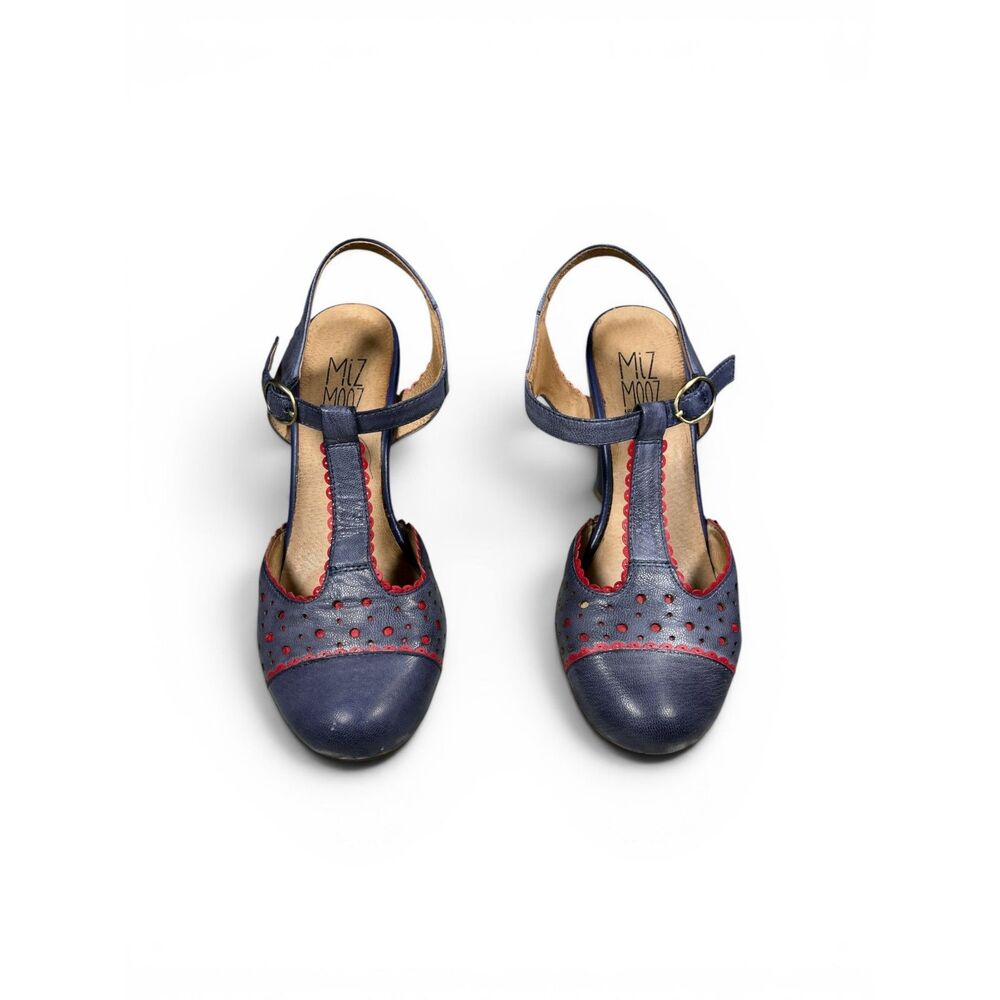 Miz Mooz Nico T-Strap Heels 7 / 37.5 Blue Red Perforated Leather Mary Jane Pumps